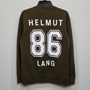 Helmut Lang Oversized 86‎ Varsity Sweatshirt XS Olive Green Logo Fleece Pullover